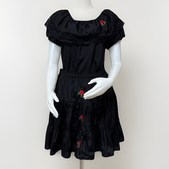 Vtg Square Dance Outfit Womens M Skirt Blouse Black Rose Ruffle Lace Flounce - Picture 1 of 10